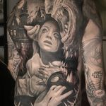 horror creepy full back black and grey surrealistic tattoo in progress