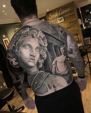 alexander the great full back tattoo black and grey in progress
