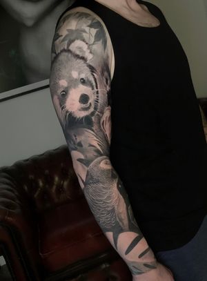 black and grey full animals sleeve tattoo