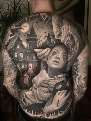 horror creepy full back black and grey surrealistic tattoo 