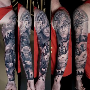 Black and grey realistic full sleeve tattoo of WW1 and WW2 British soldiers. World war