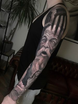 black and grey greek gods, zeus and poseidon full sleeve tattoo