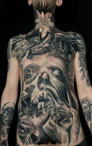 Horror  creepy and dark concept surrealism full front torso and neck tattoo
