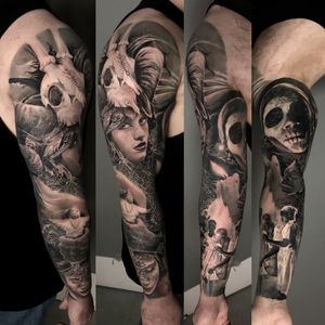  voodoo and black magic full sleeve black and grey tattoo