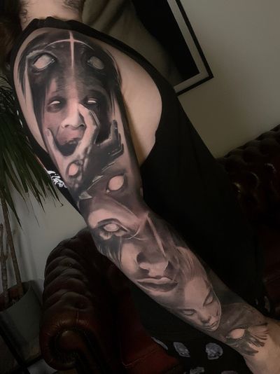 horror full sleeve black and grey tattoo 