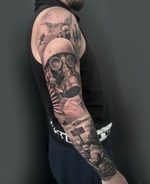black and grey tattoo romanian soldiers ww2 full sleeve
