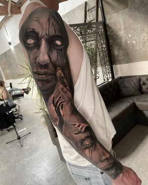 deep scary and dark concept full sleeve black and grey tattoo 