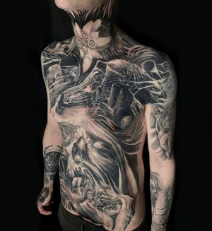 Horror surrealism full front torso and neck tattoo