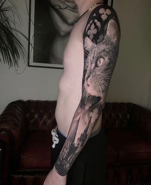 full sleeve tattoo gothic cat black and grey