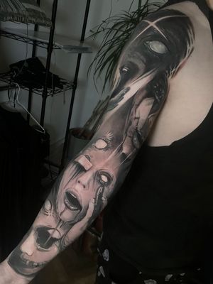 horror dark full sleeve black and grey tattoo 