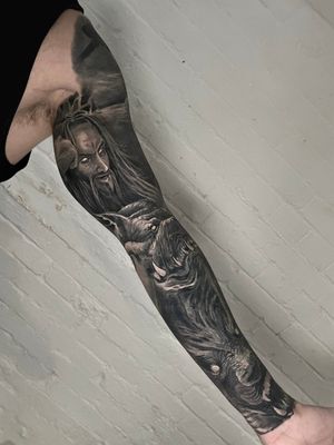 greek creature full sleeve coverup tattoo