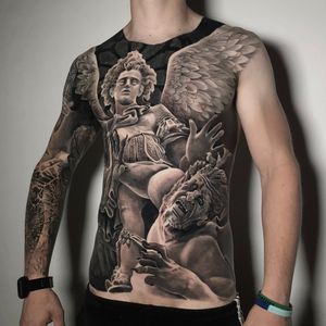archangel michael and demon full front torso tattoo realistic