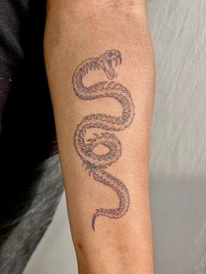 Unique tattoo by Michelle Harrison blending a majestic snake with a haunting skeleton motif in stunning illustrative style.