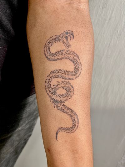Unique tattoo by Michelle Harrison blending a majestic snake with a haunting skeleton motif in stunning illustrative style.