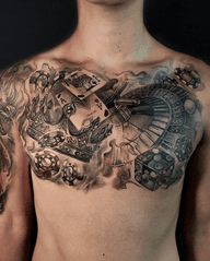 Full chest piece gambling thematic, in Black and grey realism.