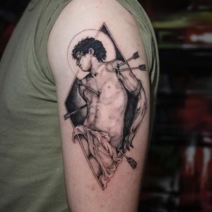 Sasha Davydova's black and gray dotwork tattoo depicts St. Sebastian in a micro-realistic style, blending abstract and religious elements.