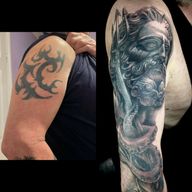 A demanding tribal cover up using my own mix of opaque greys and greywash.