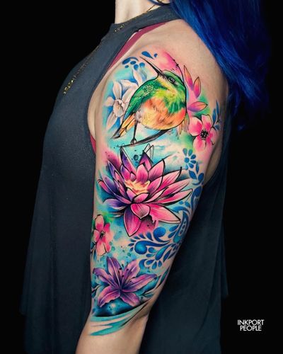 Watercolor lotus bird sleeve 