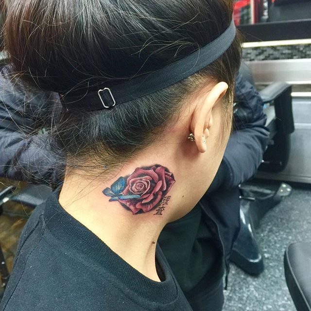 Science Tynan  allthepiercingsandbodymods Rose neck tattoo by