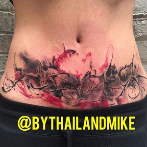 Tummy tucks and C section..... Scars, can make you feel ugly. Getting tattooed may make you feel and look beautiful again!  #freehand #tummytuck #csection #bythailandmike #Thailandmike #leafes #flower
