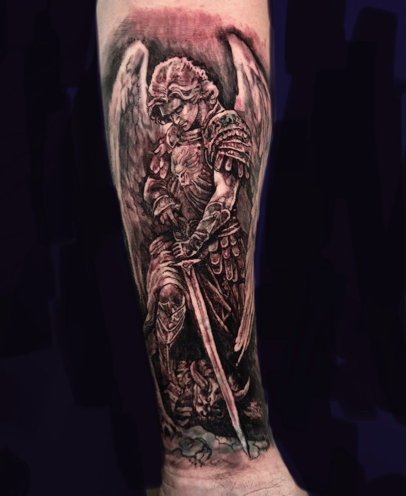 🛡️✨ Fhon's Woodcut tattoo of Saint Michael showcases the archangel in a  classic battle pose, expertly rendered in the bold and stark lines  characteristic of woodcut art. This powerful design captures Saint, image size:1357x1659