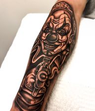 Had a blast doing this tattoo with this payaso as the focal point…#chicanostyle, blackandgreytattoo