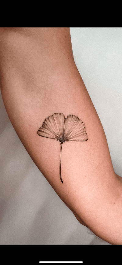 Beautiful black and gray tattoo of a delicate ginko leaf done by the talented artist Alex Caldeira.