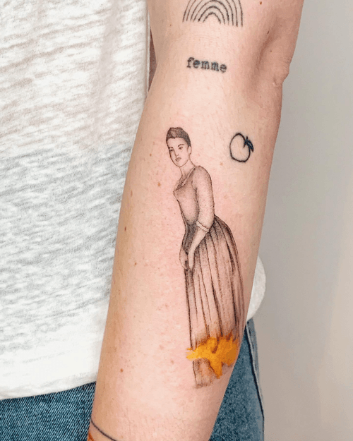 Woman in Dress with Peach and Rainbow