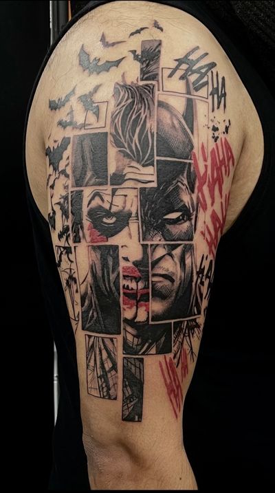 In this black-and-gray tattoo, Cara Hayward brings to life the iconic characters from DC Comics' The Killing Joke.