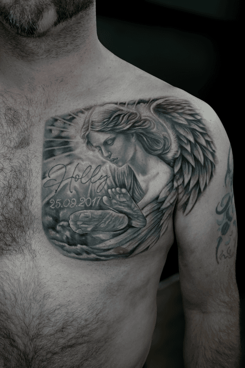 Black and Gray Angel Memorial Tattoo