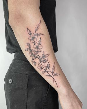 Fine-line black and gray floral tattoo by Marissa Boulay, featuring intricate botanical design.