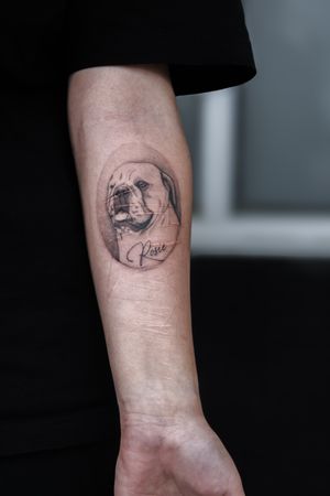 Get a stunning black and gray dotwork tattoo of your beloved pet, beautifully illustrated by Steffan Eagle.