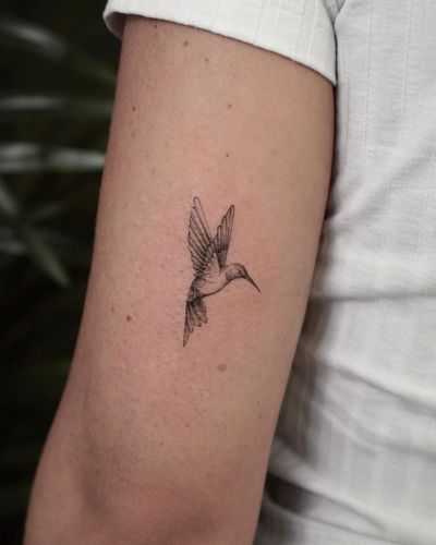 Detailed black and gray hummingbird tattoo by Semih Duru, portraying a realistic and intricate bird design.