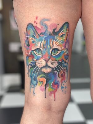 Illustrative watercolor tattoo of a cat in abstract style by Cara Hayward.