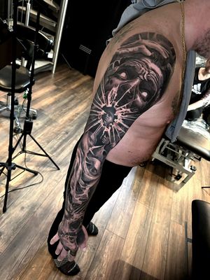 surrealistic dark creepy full sleeve black and grey tattoo, london uk best artist