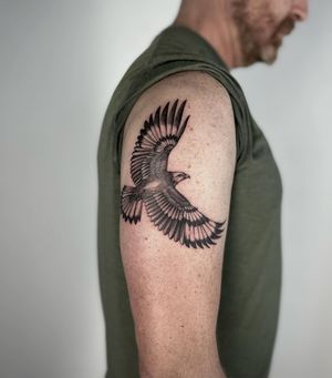 Capture the power and beauty of a bird of prey with this exquisite black and gray illustrative tattoo design by Paula.