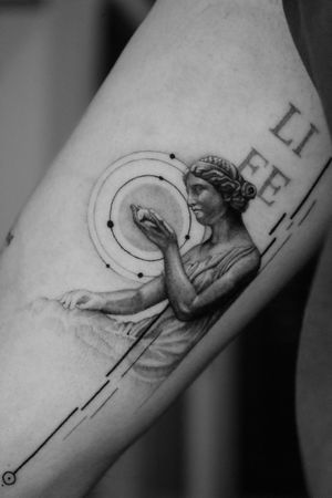 Experience the power and beauty of Greek mythology with this intricate black and gray dotwork tattoo by Light Grays.