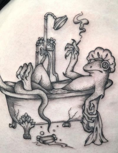 Unwind with this intricate dotwork illustration of a frog in a bath by talented artist Amandine Canata.