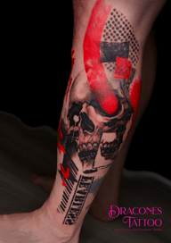 The tattoo is a mix of abstract and realistic elements, featuring a skull, red splatters, and a barcode-like design. It employs bold shading and lines, which results in a dynamic, edgy appearance. Its is inspired by trash-polka esthetic