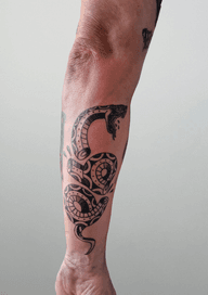 The tattoo is a stylized snake wrapped around the arm. It's done in a traditional, bold, black and white style, with thick lines and geometric patterns that give it a vintage feel. The snake's head is open-mouthed, and it has a classic, old-school aesthetic.