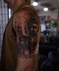 David and Goliath piece put together from the customers hand drawing. @jhardwick_12 Thanks again for the trust bro! . . #blackandgreytattoo #davidandgoliath #houstontattooartist