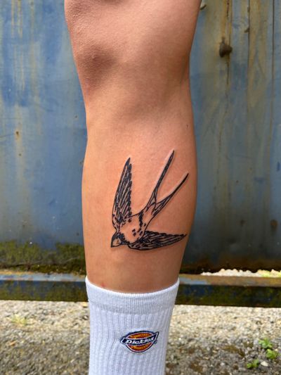 An illustrative tattoo of a swallow bird, done in fine line style by artist Dave Norman.