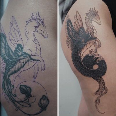 Cover-up of a low-quality tattoo with a delicate dragon with wings.