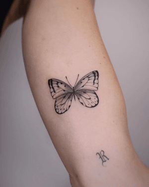 Detailed black and gray micro-realism butterfly tattoo by Constanza.