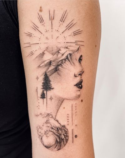 Fine line illustrative tattoo featuring a geometric wave design with a serene lady in a mystical forest by Alex Caldeira.