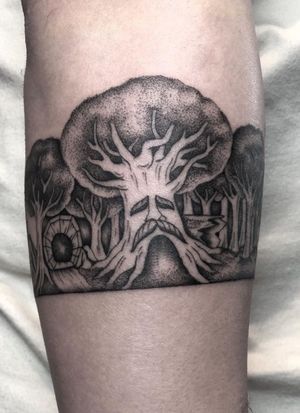 Illustrative black and gray dotwork tattoo featuring a mythical tree from the Legend of Zelda game by Amandine Canata.