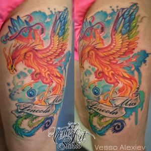 #phoenix #colourtattoo #watercolortattoo #thightattoo #femaletattoo #vessoart #tattoostudio #pocklington #cheyentattoopen #worldfamousink