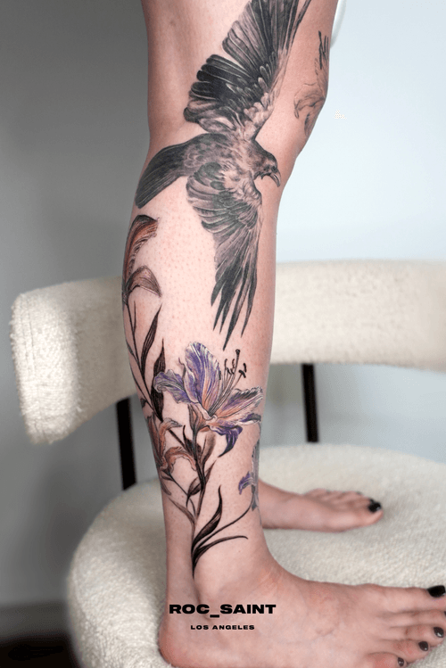 Realistic Eagle and Lily Leg Tattoo