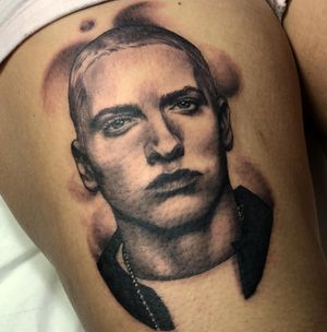 Black and grey realistic portrait of Eminem