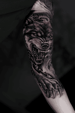 Fenrir Norse mythology wolf! . . . #fenrir #wolf #biceptattoo #realistic #realism #blackandgrey